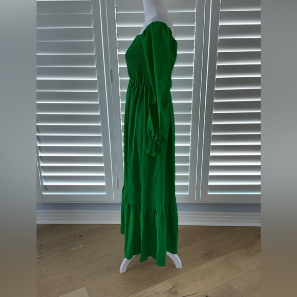 Women’s Square Neck Flounce Shirred Ruffle Hem Long Sleeve Maxi Dress Green Sz M - Picture 6 of 10